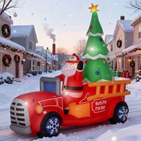 7.5ft Christmas Inflatable Santa Claus Driving a Fire Truck with Tree, Outdoor Blow-Up Yard Decoration with LED Lights Display