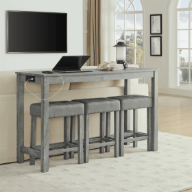 59 Inch Bar Table, Dining Table, Sofa Table with Power Outlet, 3 Upholstered Stools, 4 Piece Bar Table and Chair Set for Living Room, Dining Room
