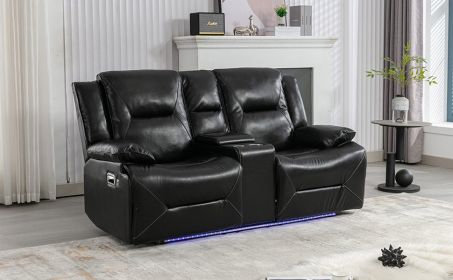 3 Seater Home Theater Recliner Manual Recliner Chair with a LED Light Strip Two Built-in Cup Holders for Living Room,Bedroom, Black
