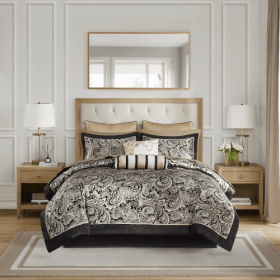 12 Piece Comforter Set With Cotton Bed Sheets Black Full (Color: Black)