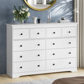 10 Drawer Dresser For Bedroom, Wood Storage Cabinet With Golden Metal Handles, Modern Closet Of Drawers for Living Room (Color: White)